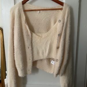Cardigan and Tank SET Cream Fluffy Good Quality